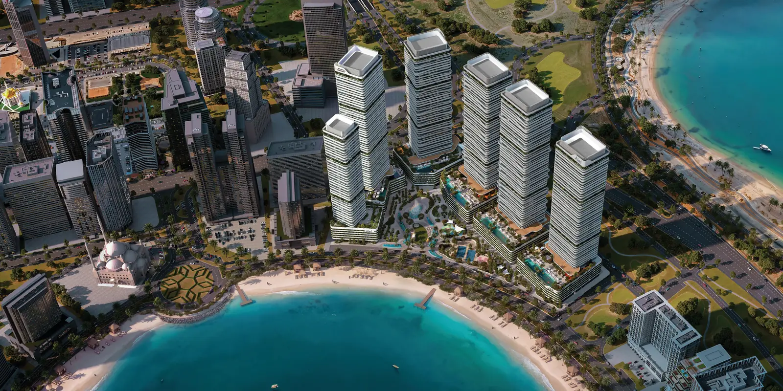 Aerial render of Linar's six towers on Al Mamzar beach